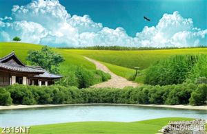 Tranh ngôi nhà bên hồ trên cánh đồng cỏ