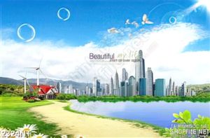 Tranh bờ biển sau thành phố 3d
