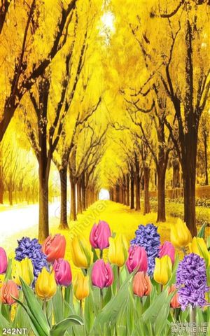 Tranh khu rừng mùa thu và hoa tulip