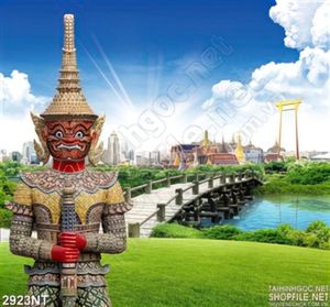 Tranh tượng phật bên cầu dẫn vào ngôi chùa