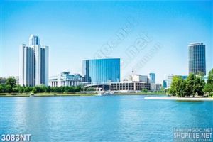 Tranh thành phố biển xanh trên nền trời xanh