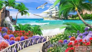 Tranh cây cầu đầy hoa hướng ra biển xanh