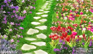 Tranh con đường mòn lót đá giữa vườn hoa