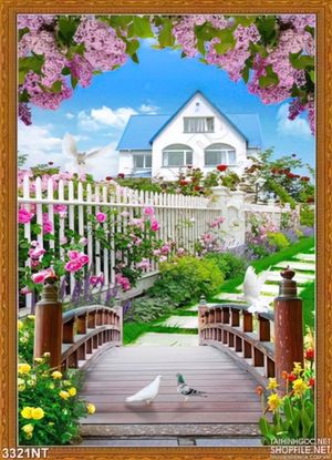 Tranh cánh cổng hoa nhìn qua ngôi nhà lớn