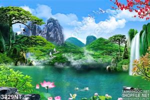 Tranh hồ sen dưới chân núi treo tường