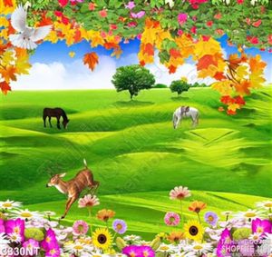 Tranh đàn ngựa hươu đang gặm cỏ