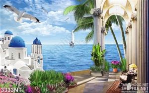 Tranh hải âu bay lượn trên thành phố biển