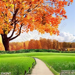Tranh cánh rừng lá đỏ trên đồng cỏ xanh