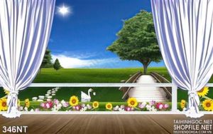 Tranh cửa sổ cây cầu và đồng cỏ xanh