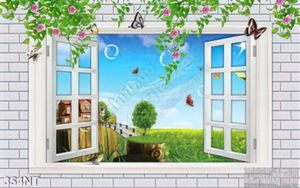 Tranh cửa sổ và đồng cỏ xanh