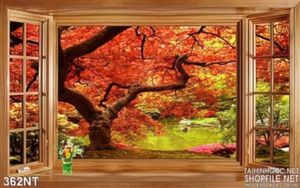 Tranh cửa sổ và cây mùa thu