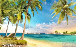 Tranh hàng dừa trên bãi biển xanh biếc 3d