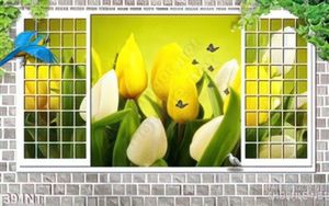 Tranh cửa sổ và hoa tulip vàng