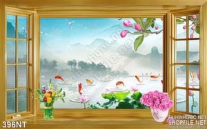 Tranh cửa sổ nhìn ra hoa Sen phong thủy