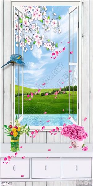 Tranh cửa sổ nhìn ra phong cảnh mùa xuân