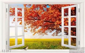 Tranh cửa sổ và cây cổ thụ mùa thu