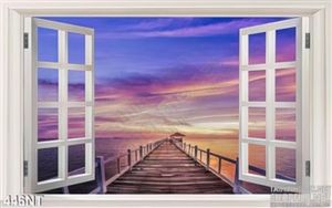 Tranh cửa sổ và cây cầu trên bình minh biển