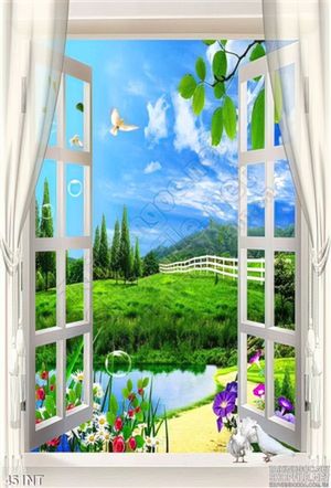 Tranh cửa sổ và đồng cỏ xanh