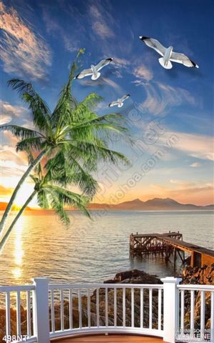 Tranh ban công nhìn ra bình minh trên biển