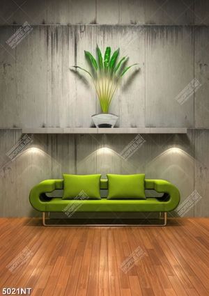 Tranh ghế sofa xanh đặt bên bức tường
