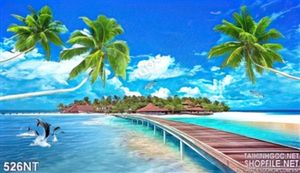 Tranh cá heo và cây cầu trên biển
