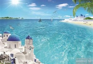 Tranh tòa lâu đại và bãi biển đại dương