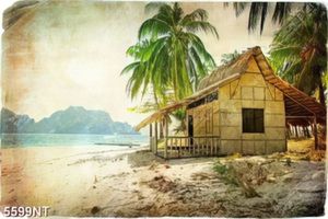 Tranh vẽ ngôi nhà tranh bên sông
