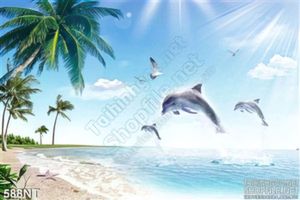 Tranh cá heo trên bãi biển xanh