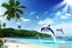 Tranh hòn đảo trên biển và cá heo