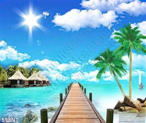 Tranh cây cầu gỗ và khu nghỉ dưỡng