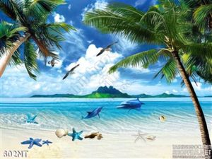 Tranh bãi biển và hàng dừa xanh