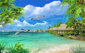 Tranh khu nghỉ dưỡng và chim hải âu