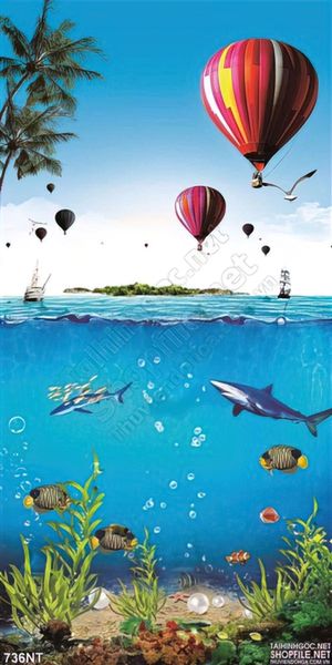 Tranh cá heo đại dương và khinh khí cầu