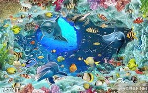 Tranh cá heo và dãy san hô trang trí dán tường