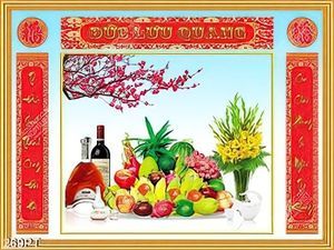Tranh thờ tổ tiên ngũ quả in kính
