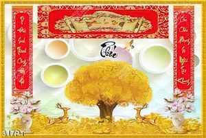 Tranh phòng thờ cây kim tiền và thư pháp đẹp nhất