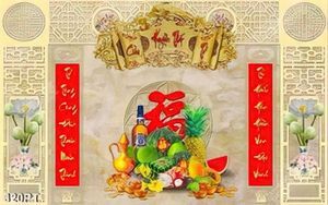 Tranh phòng thờ Cửu Huyền Thất Tổ ngũ quả và thư pháp in uv
