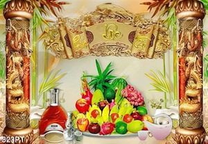 Tranh phòng thờ song long và ngũ quả trên nền giả ngọc đẹp