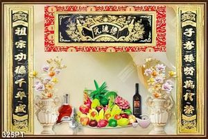 Tranh phòng thờ thư pháp và ngũ quả file psd