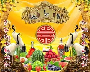 Tranh phòng thờ chim hạc giả ngọc bên mâm ngũ quả