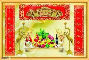 Tranh thờ chim hạc vàng bên mâm ngũ quả