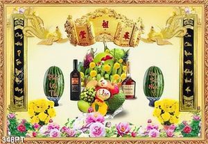 Tranh mâm ngũ quả và hoa cúc trang trí bàn thờ tổ