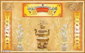 Tranh thờ Đức Lưu Quang thư pháp và bình hoa giả ngọc in kính