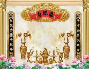Tranh thờ thư pháp và nền giả ngọc bên bộ lư vàng đẹp chất lượng cao