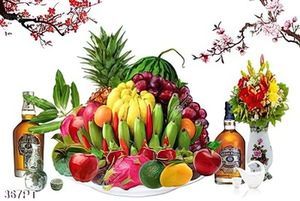 Tranh bàn thờ mâm ngũ quả và cành đào in kính
