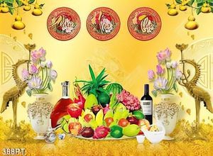 Tranh bàn thờ chim hạc vàng bên mâm ngũ quả đẹp nhất