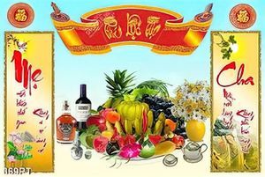 Tranh bàn thờ chữ Phúc Lộc Thọ bên mâm ngũ quả