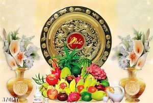 Tranh thờ chữ Phúc bên mâm ngũ quả in uv
