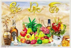 Tranh thờ chữ Phúc Lộc Thọ bên mâm ngũ quả