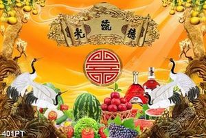 Tranh bàn thờ mâm ngũ quả và chim hạc trắng